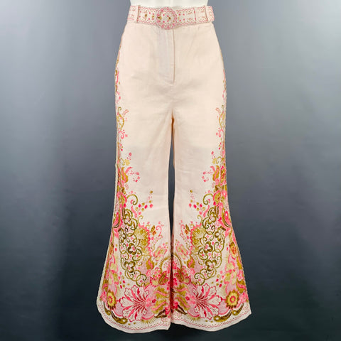 ZIMMERMANN Size S Pink Olive Linen Embroidered High Waisted Dress Pants