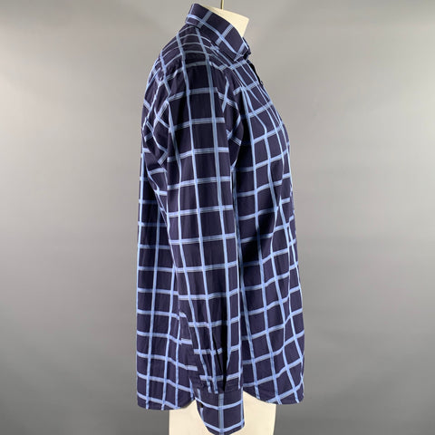 ETRO Size XL Navy Blue Plaid Cotton Spread Collar Long Sleeve Shirt