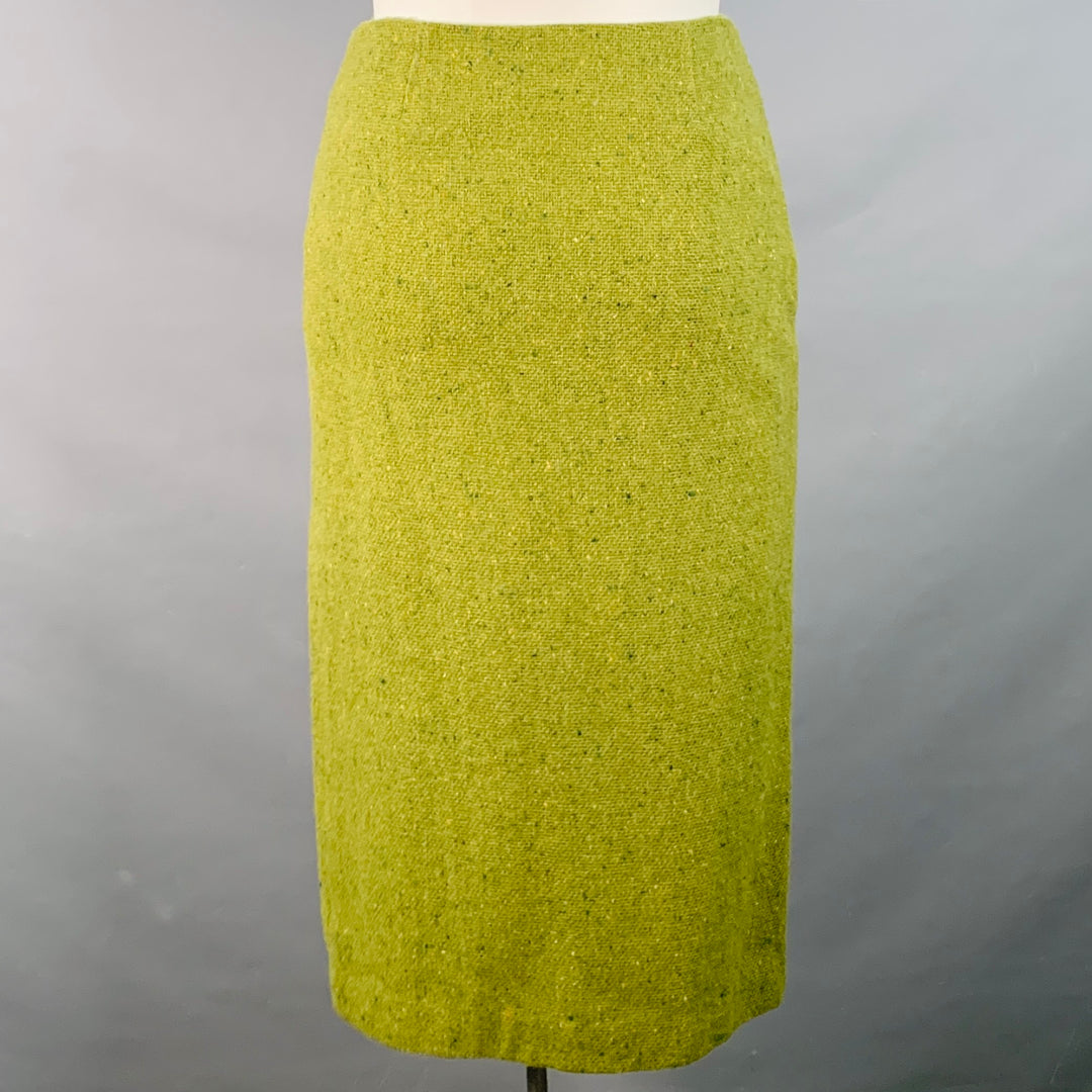 CHRIS BENZ Size 10 Green Wool Tweed Fringe Pencil Skirt