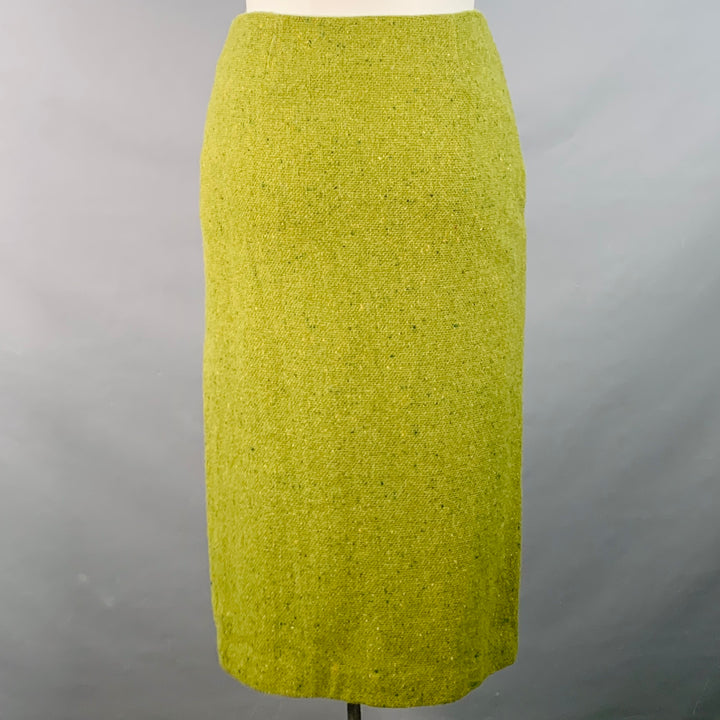 CHRIS BENZ Size 10 Green Wool Tweed Fringe Pencil Skirt