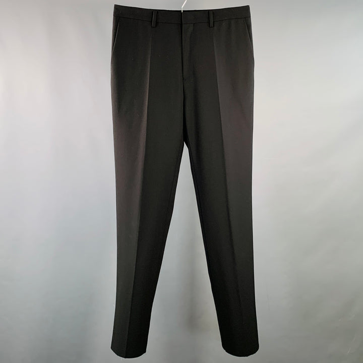 SYSTEM Size 34 Black Wool Flat Front Tapered Zip Fly Dress Pants