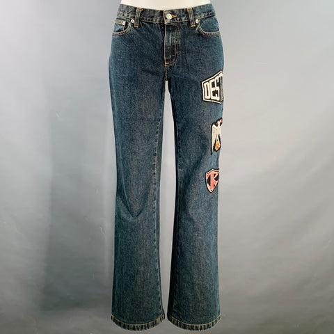 JOHN RICHMOND Size 27 Indigo Black Red Denim Twill Patches Flared Jeans