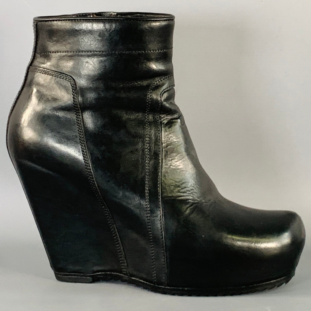 RICK OWENS Size 7.5 Black Leather Hidden Heel Side Zipper Wedge Pumps