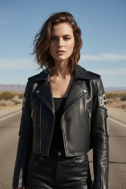 Blouson de Motard JOHN RICHMOND Taille M Noir Argent Patchs en Cuir Poches Zippées