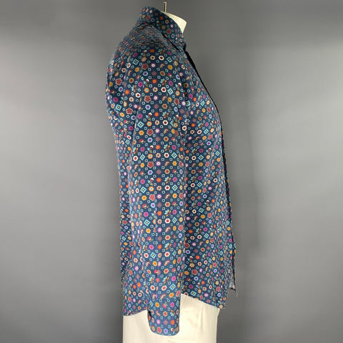 ETRO Size L Navy Multi Color Print Cotton Button Up Long Sleeve Shirt