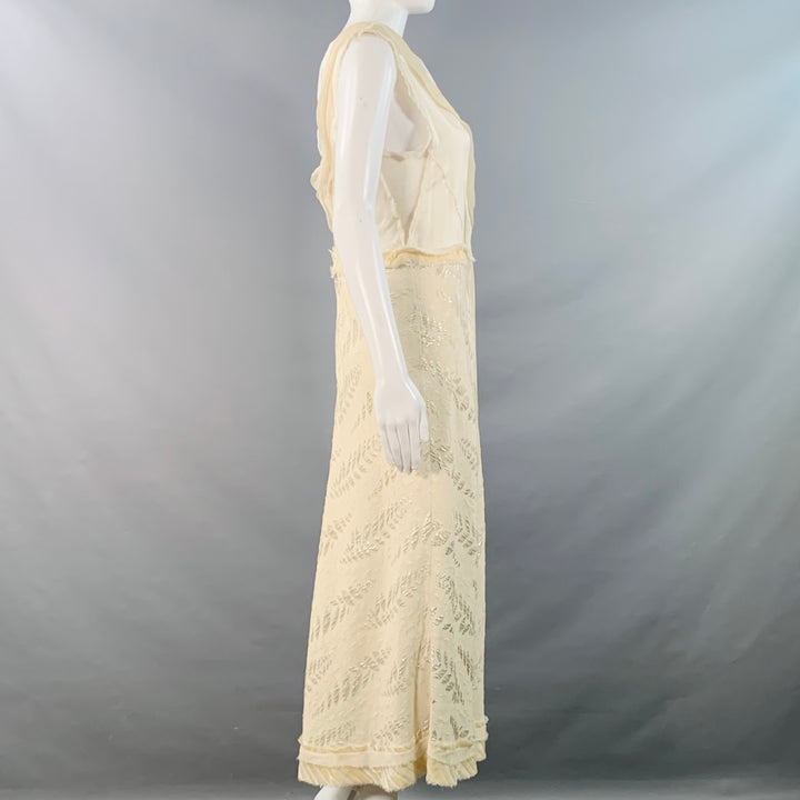 MARC JACOBS Size 2 Cream Silk Leaves Raw Edges Sleeveless Evening Gown