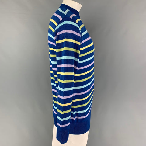 GENE MEYER Size L Blue Yellow Stripe Cotton Blend Crew-Neck Pullover