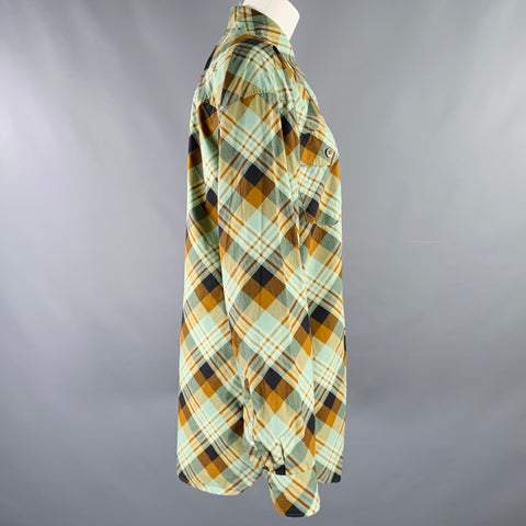DRIES VAN NOTEN Robe Chemise à Carreaux en Coton Vert Marron Taille S