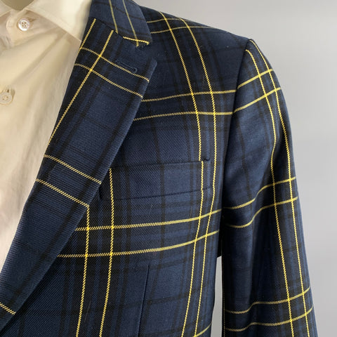 JOSEPH Chest Size 42 Navy Yellow Plaid Cotton Notch Lapel 34 30 Suit