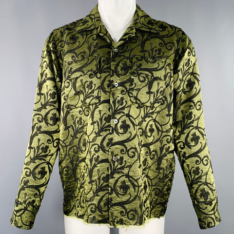 NEEDLES Size S Green Black Embroidery Rayon Blend Lamé 2 Pockets Long Sleeve Shirt