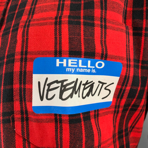 VETEMENTS Size XS -My Name Is- Red Black Plaid Cotton Blend Long Sleeve Shirt