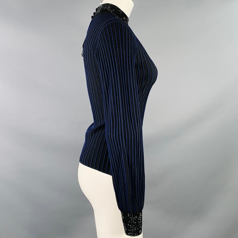 EMPORIO ARMANI Taille S Noir Bleu Marine Mélange Viscose Rayures Col Montant Robe Haut