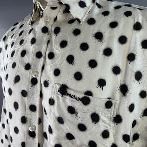BALENCIAGA Size M White Black Polka Dot Viscose Silk Long Sleeve Shirt