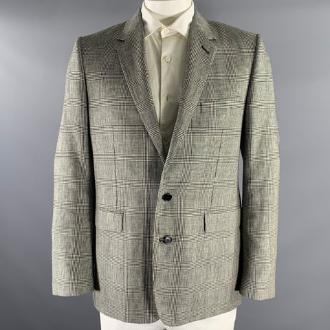 CELINE Size 44 Grey Black Glen Check Wool Linen Notch Lapel Sport Coat