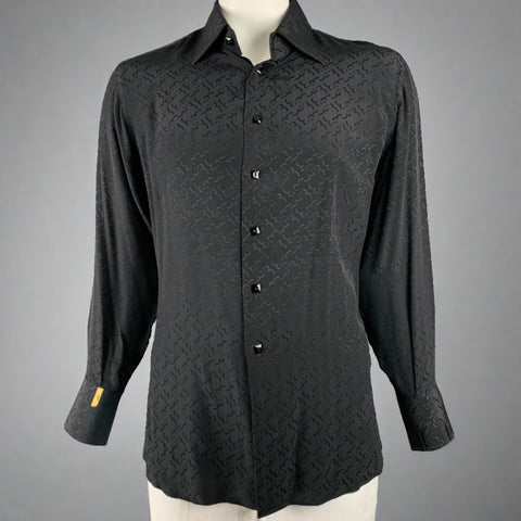 BILLIONAIRE COUTURE Size XL Black Monogram Jacquard Silk Long Sleeve Shirt