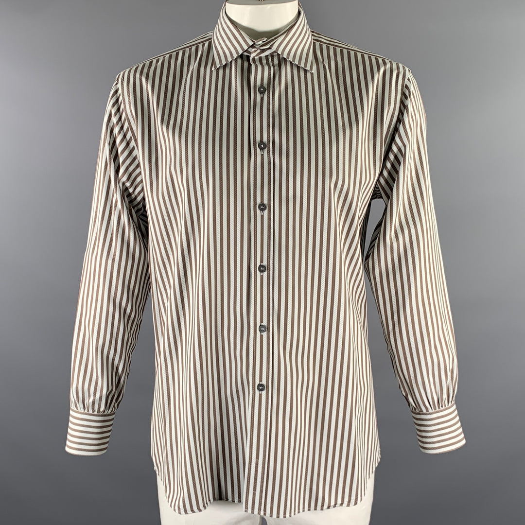 PAUL SMITH Size XL White Brown Striped Cotton Long Sleeve Shirt