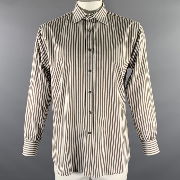 PAUL SMITH Size XL White Brown Striped Cotton Long Sleeve Shirt
