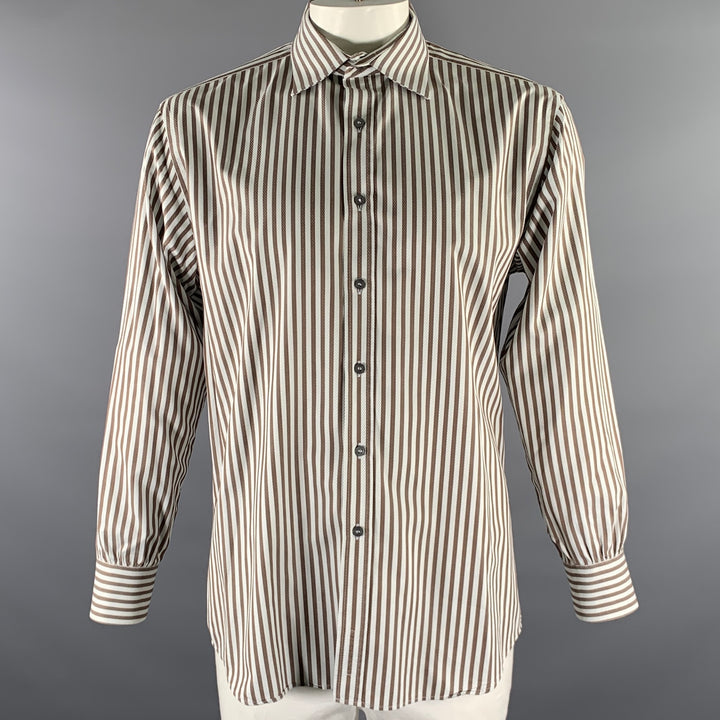 PAUL SMITH Size XL White Brown Striped Cotton Long Sleeve Shirt