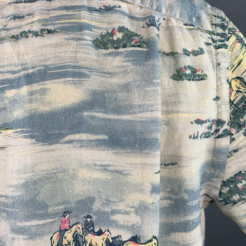 RRL by RALPH LAUREN Size M Blue Grey Yellow Cowboys Print Camp Short Sleeve Shirt