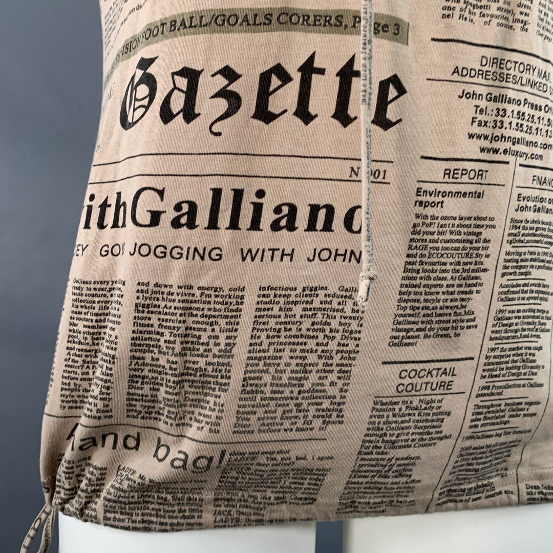 JOHN GALLIANO Size M Khaki Black Newspaper Cotton Blend Jersey Hooded Short Sleeve Shirt