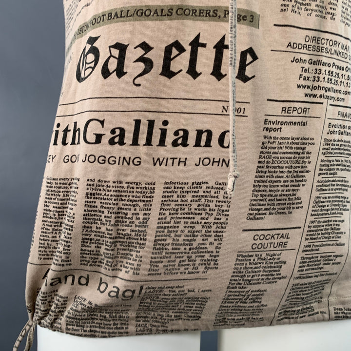 JOHN GALLIANO Size M Khaki Black Newspaper Cotton Blend Jersey Hooded Short Sleeve Shirt