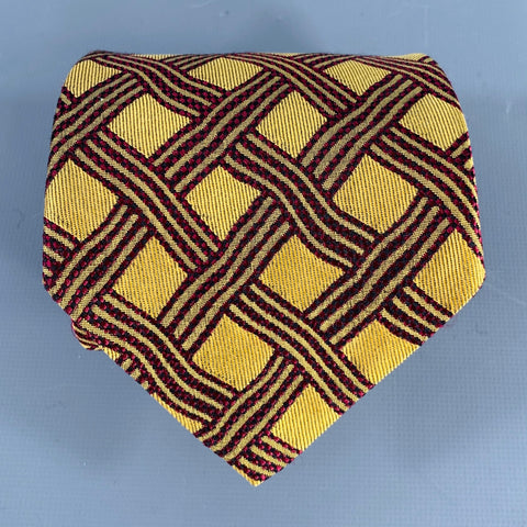 ERMENEGILDO ZEGNA Gold Burgundy Jacquard Silk Tie