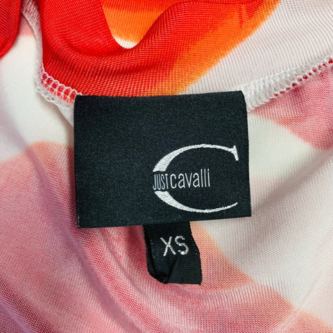 JUST CAVALLI Taille XS Rouge Blanc Viscose Mélangée Jersey Zig Zag Manches 3/4 Col V Haut Décontracté