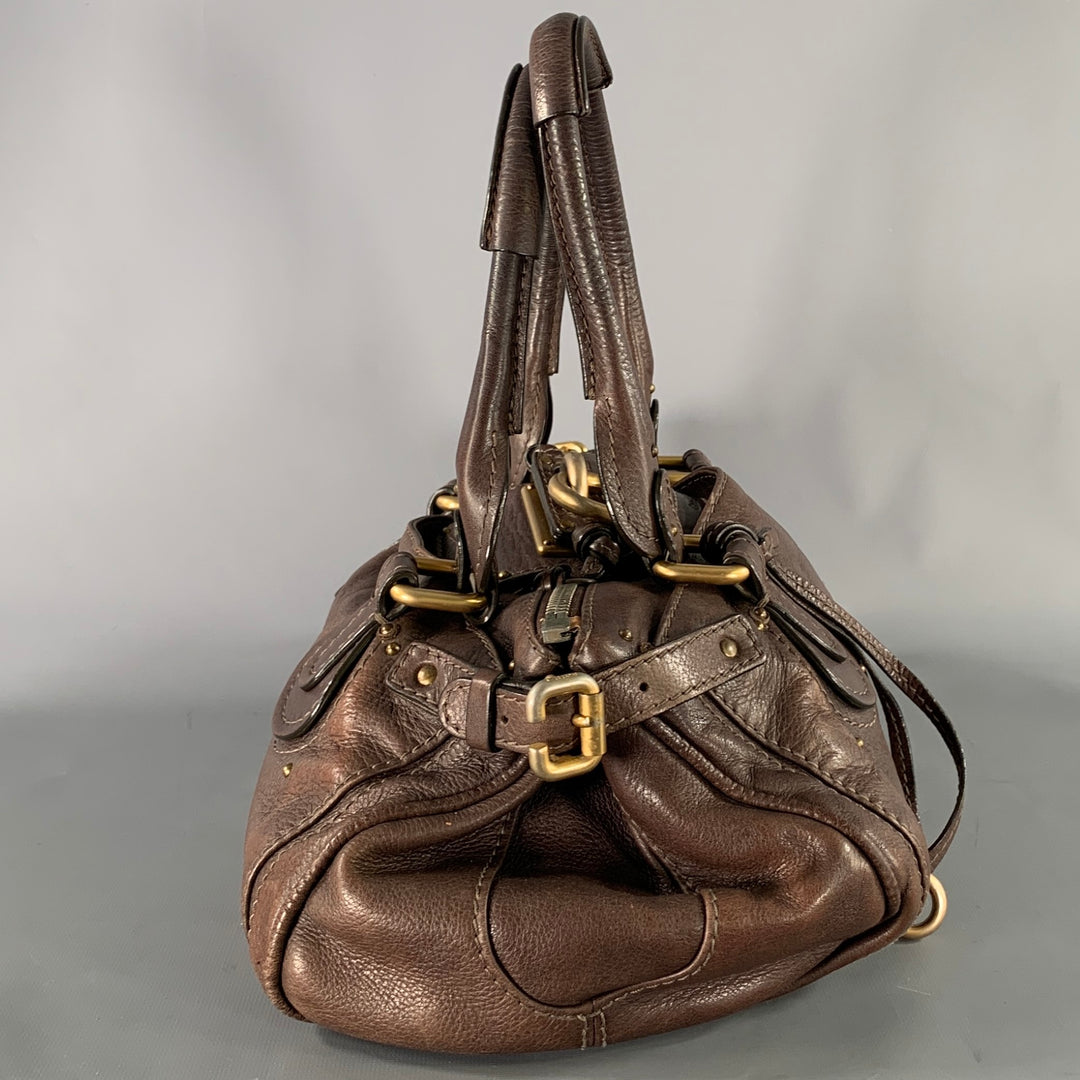 CHLOE Brown Gold Pebble Grain Leather Satchel Bag