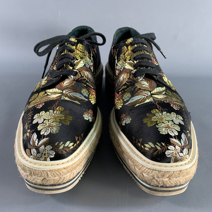 PRADA Size 11 Black Multi-Color Jacquard Floral Platform Laces