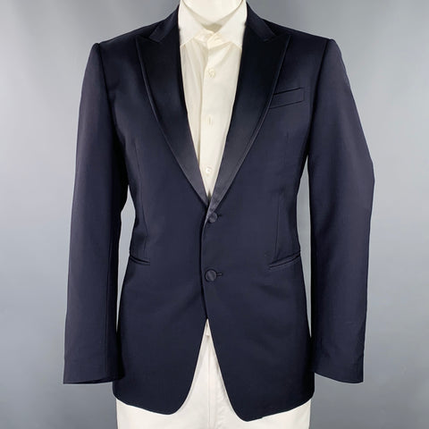 JOHN VARVATOS Size 42 Navy Black Virgin Wool Mohair Peak Lapel Tuxedo Jacket