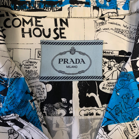 PRADA Size XS Blue Black & White Comic Print Viscose Camp Short Sleeve Shirt