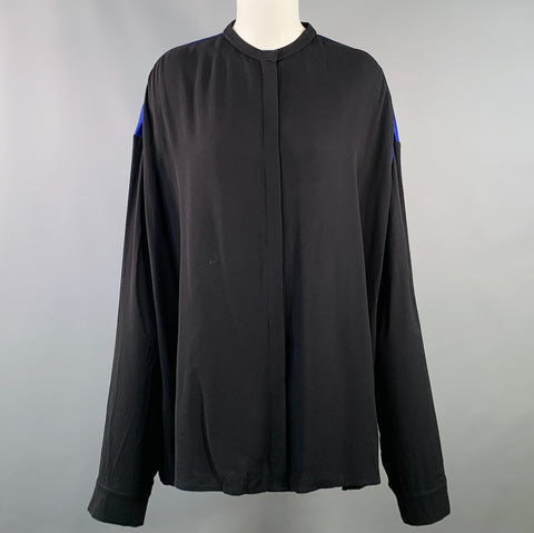 HAIDER ACKERMANN Size M Black Blue Viscose Silk Nehru Collar Hidden Buttons Shirt