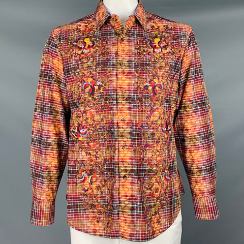 ROBERT GRAHAM Talla L Camisa de manga larga de algodón a cuadros multicolor naranja
