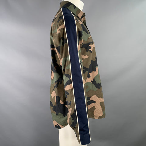 VALENTINO Size M Green Olive Blue Camouflage Cotton One Pocket Track Stripe Long Sleeve Shirt