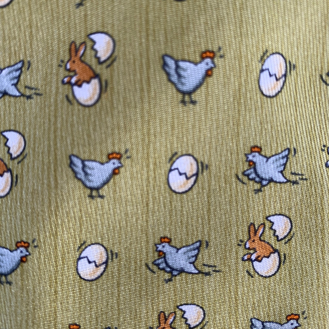HERMES Green Multi-Color Birds Silk Tie