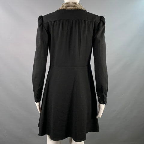 SAINT LAURENT Size 8 Black Gold Wool Crepe Rhinestones Long Sleeve Dress