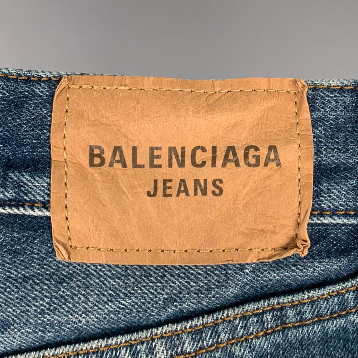 BALENCIAGA Size 31 Indigo Wash Denim Distressed Button Fly Jeans