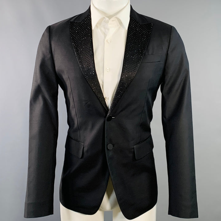 DSQUARED2 Size 38 Black Wool Silk Rhinestone Studded Peak Lapel Sport Coat