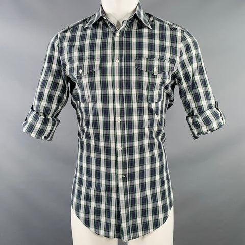 MICHAEL BASTIAN Size S Navy White Green Plaid Cotton Roll Tab Long Sleeve Shirt