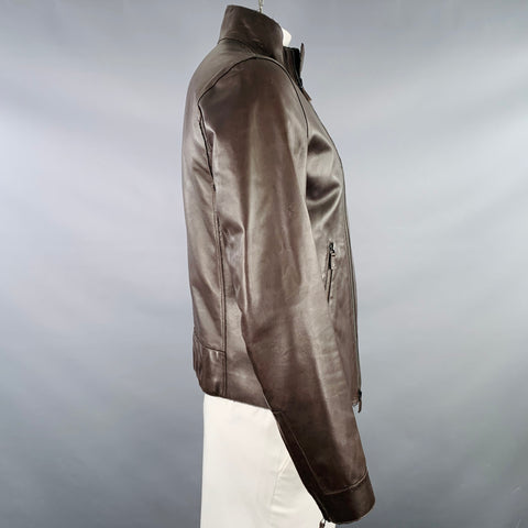 EMPORIO ARMANI Size 42 Brown Lambskin Leather Zip Up Jacket