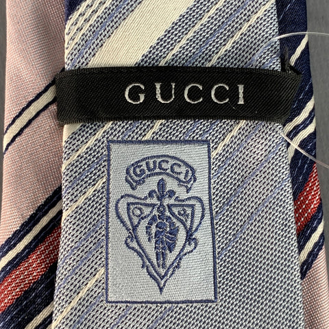 GUCCI Navy Pink Blue Diagonal Stripe Silk Skinny Tie
