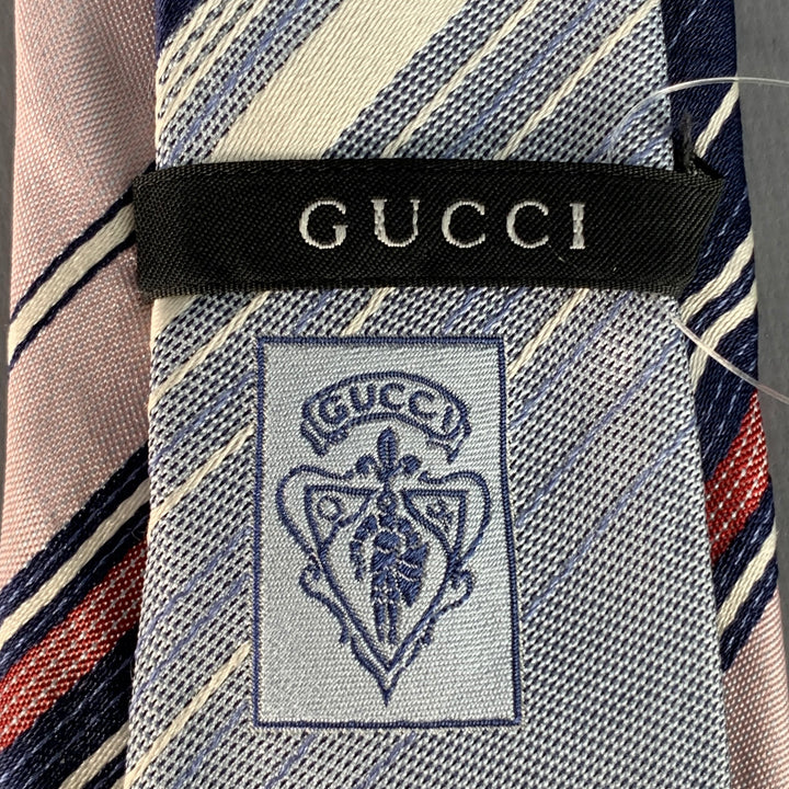 GUCCI Navy Pink Blue Diagonal Stripe Silk Skinny Tie