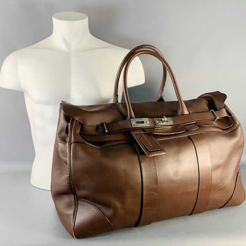 BRUNELLO CUCINELLI Chocolate Brown Leather Clasp Weekender Bag