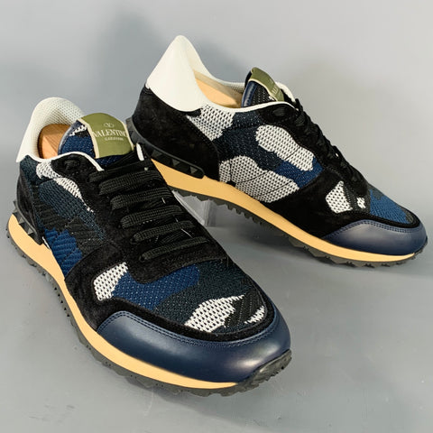 VALENTINO Size 11 Black Navy White Camo Nylon Lace-Up Sneakers
