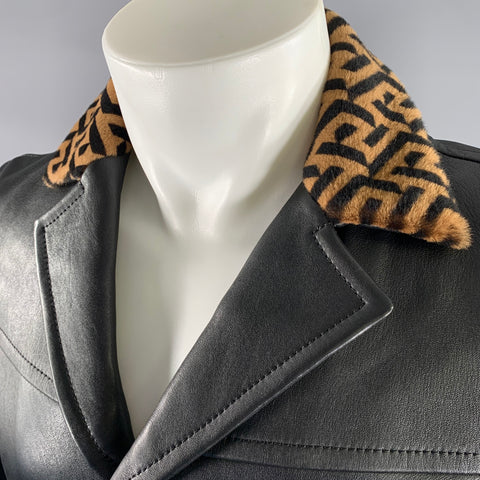 VERSACE Size 36 Black Camel Lambskin Leather Furr Collar Notch Lapel Jacket