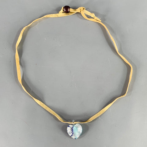Collier Cœur Bleu et Or Vintage en Cuir et Verre