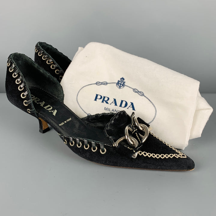 PRADA Size 6.5 Black Silver Suede Chain Link Kitten Heel Pumps