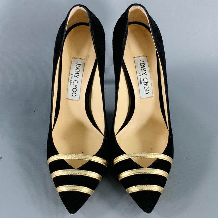 JIMMY CHOO Size 8.5 -Bethan 100- Black Gold Suede Stripe Pumps