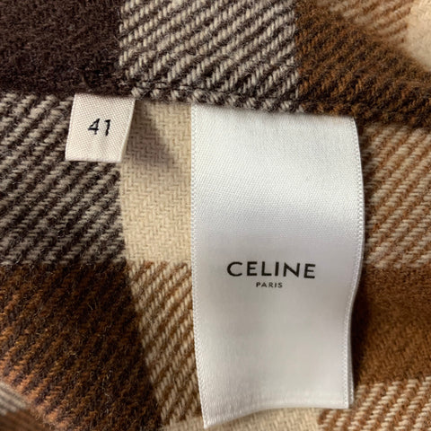 CELINE Size M Brown Camel Buffalo Plaid Wool Blend Shirt Jacket