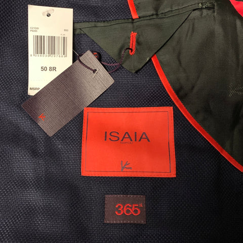 Interior view of Isaia sport coat with hangtags, orange Isaia label, and 365 label.